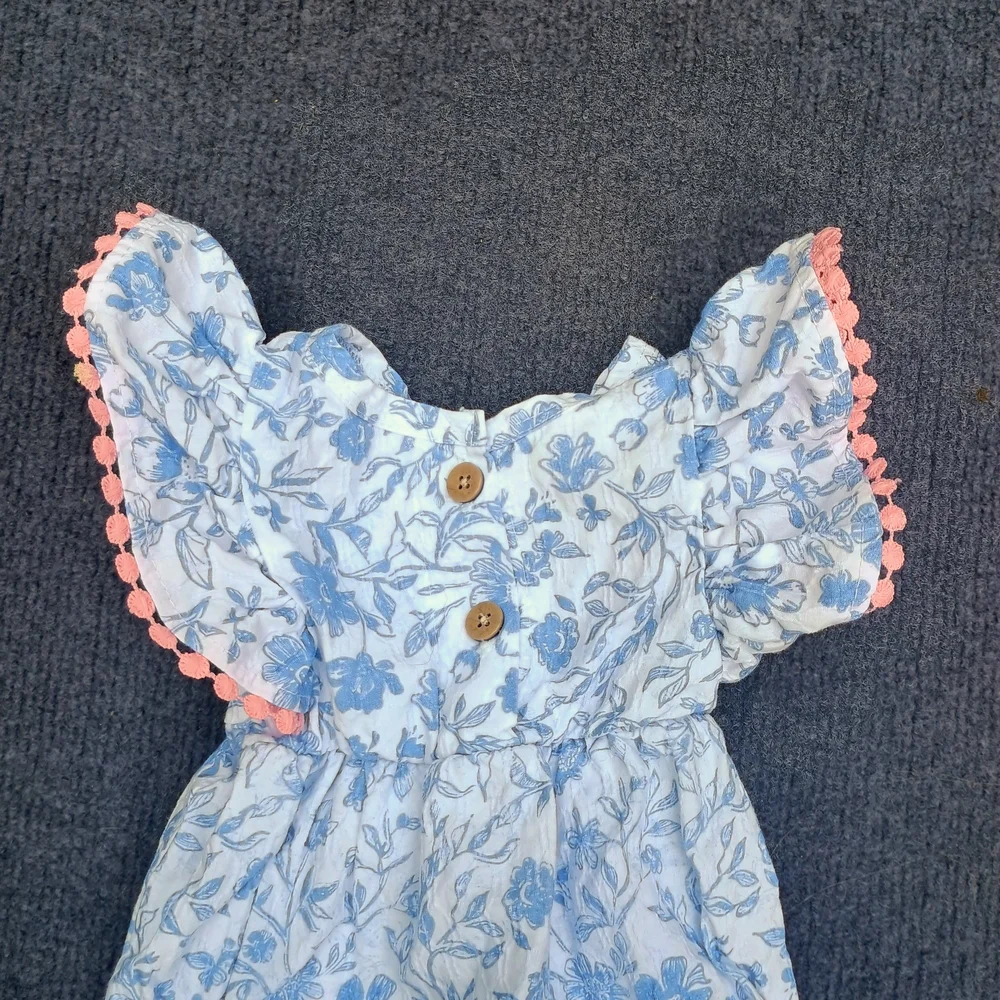 Blue And White Floral Bubble Baby Romper